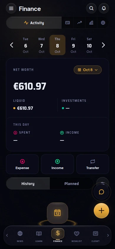 The Finance screen with net worth, today's spending and quick actions.