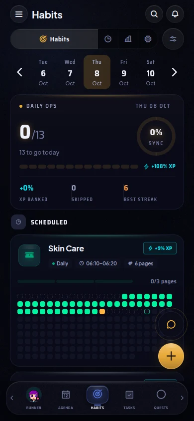 The Habits screen: today's progress, a chain of habits to finish and a glowing history for each habit.