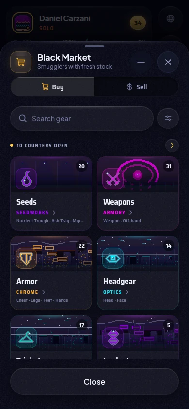 The Black Market with counters for seeds, weapons, armor and headgear.