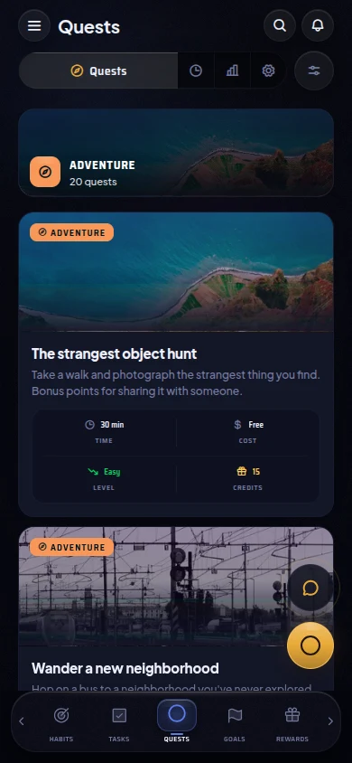 Daily quests: small real-world adventures with time, cost and reward.