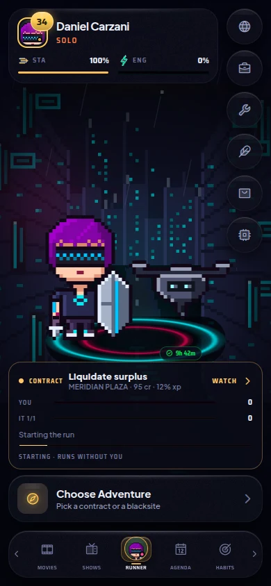 The Runner screen: your pixel character on a neon street with stamina and energy bars.